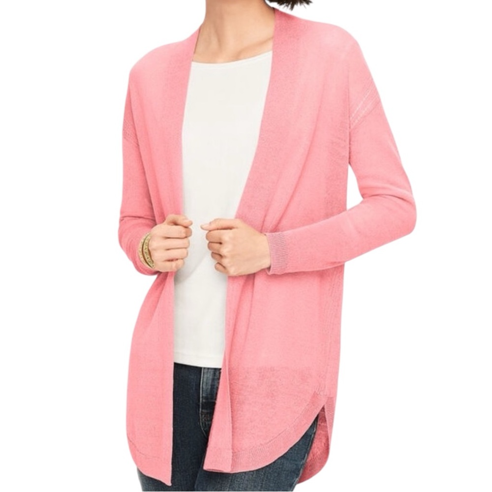 TALBOTS PLUS Linen Blend Open-Front Longline Pointelle Sweater in Pink Size X